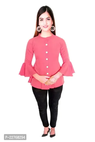 Ronaldo Fashion Pink Solid Crepe Round Neck Bell Sleeve Cotton Shirt for Women's and Girls (Size 34)