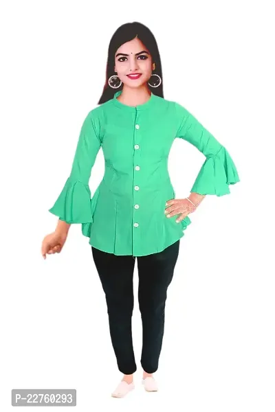 Ronaldo Fashion Green Solid Crepe Round Neck Bell Sleeve Cotton Shirt for Women's and Girls (Size 44)-thumb2