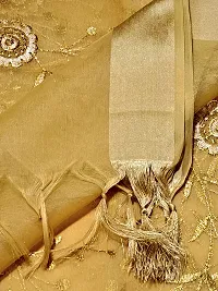 N.K CREATION Women's Fancy Banarasi Organza Silk Dupatta with Golden Embroidery, Zari Work (Beige)-thumb1