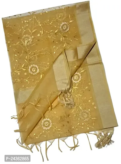 N.K CREATION Women's Fancy Banarasi Organza Silk Dupatta with Golden Embroidery, Zari Work (Beige)-thumb0