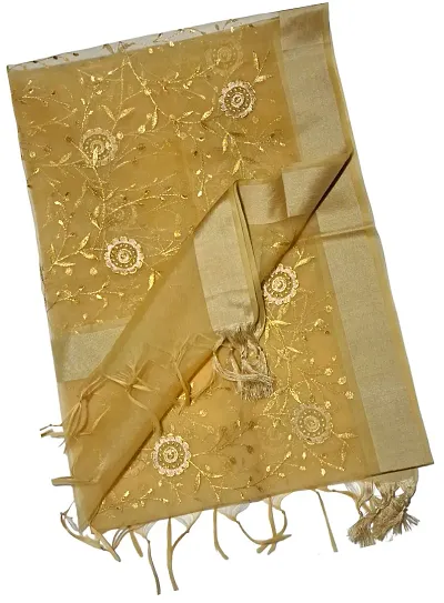 N.K CREATION Women's Fancy Banarasi Organza Silk Dupatta with Embroidery, Zari Work (Beige)