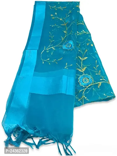 N.K CREATION Women's Fancy Banarasi Organza Silk Dupatta with Golden Embroidery, Zari Work (Light blue)-thumb0