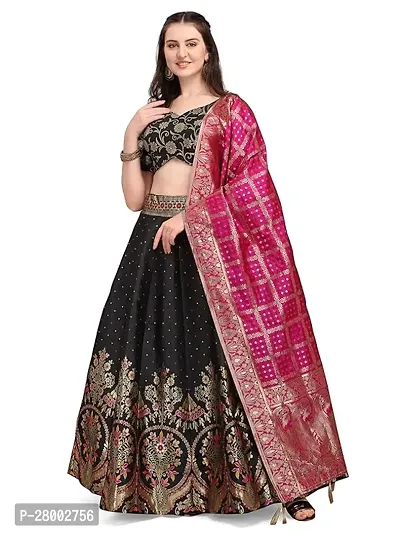 Pink And Black Art Silk Unstich Lehenga Choli For Women