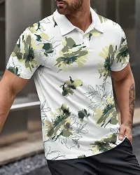 Stylish Floral Print Men Polo Neck Green T-Shirt-thumb2