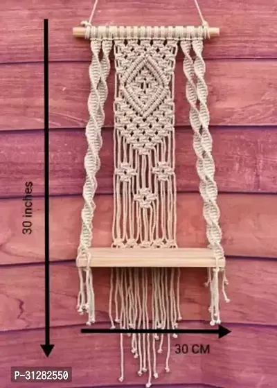 Macrame Indoor Wall Hanging Shelf Chic Decor Wood Floating Shelves OFF WHITE-thumb2