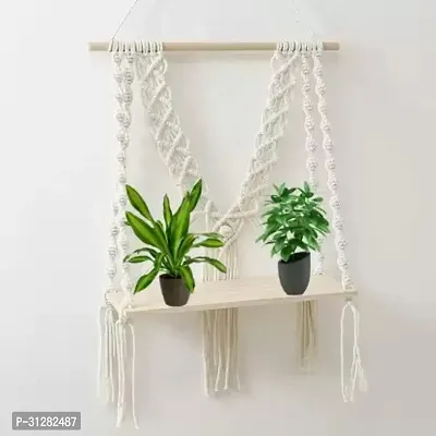 Cotton Macrame Wall Hanging Shelf Wood Finish OFF WHITE