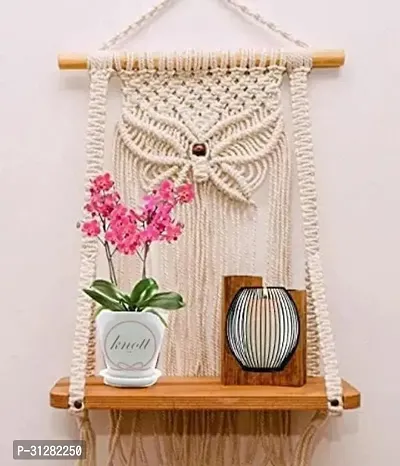 Macrame Wall Hanging Shelf Wood Floating Shelves with Wooden Dowel White-thumb0