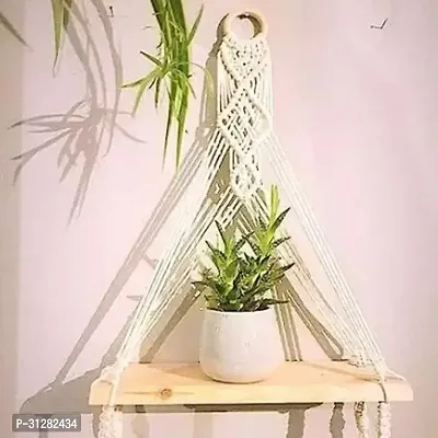 Macrame Indoor Wall Hanging Shelf Chic Decor Wood Floating Shelves OFF WHITE-thumb3