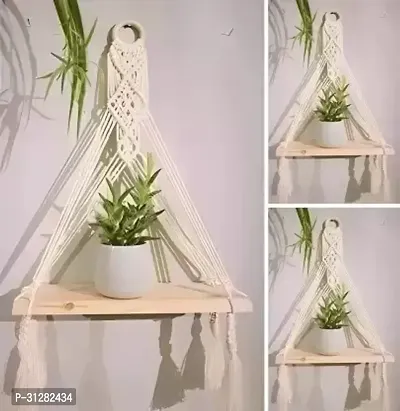 Macrame Indoor Wall Hanging Shelf Chic Decor Wood Floating Shelves OFF WHITE-thumb0