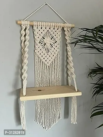 Macrame Handmade Wooden Wall Shelf  Bohemian Wall Shelf for Living Room Bed Room Twisted Pack of 2 White-thumb0