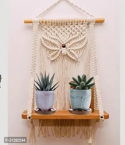 Handmade Woven Cotton Rope Bohemian Home Wall Decor Wooden Wall Shelf Number of Shelves  1 White-thumb0