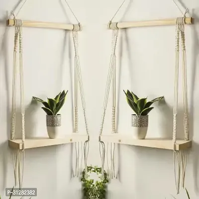 Macrame Indoor Wall Hanging Shelf Chic Decor Wood Floating Shelves Pack of 2 OFF WHITE-thumb0