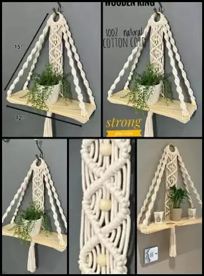 Macrame Wooden Wall Hanging Shelf Modern Chic Woven Macrame Tapestries OFF WHITE