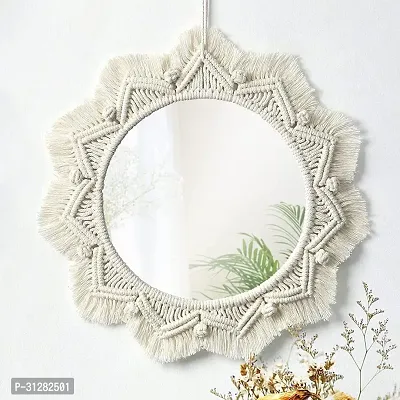 Wall Mirror with Fringes Round Antique Mirror Frame ArtMADE IN INDIA. 40 cm X 40 cm OFF WHITE-thumb0