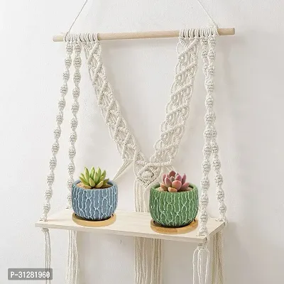 Cotton Macrame Wall Hanging Shelf Wood Finish Set of 1 MADE IN INDIA 45 cm X 22 cm OFF WHITE-thumb3