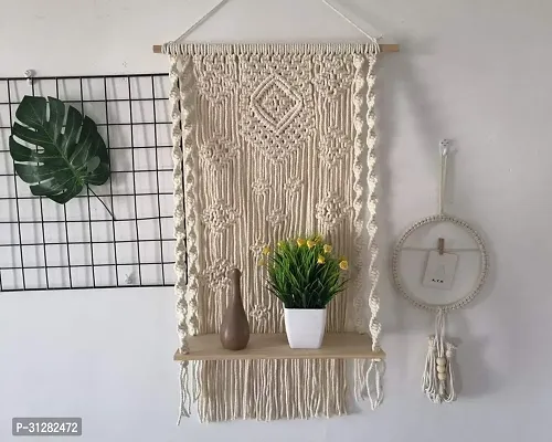 Macrame Wall Hanging Shelf Plant Hanger Bohemian PatternMADE IN INDIA. 40 inch X 12 inch OFF WHITE-thumb0