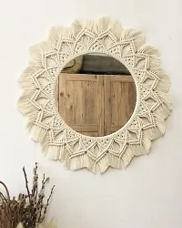 Macrame wall hanging mirror 10 inch X 10 inch White-thumb1