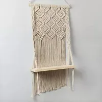 Macrame Indoor Wall Hanging Shelf Chic Decor Wood Floating Shelves OFF WHITE-thumb2