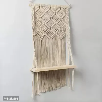 Macrame Indoor Wall Hanging Shelf Chic Decor Wood Floating Shelves OFF WHITE-thumb3