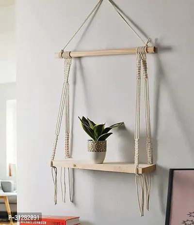 Macrame Wall Hanging Shelf Wood Floating White White-thumb0