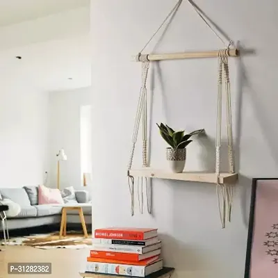 Macrame Indoor Wall Hanging Shelf Chic Decor Wood Floating Shelves Pack of 2 OFF WHITE-thumb2