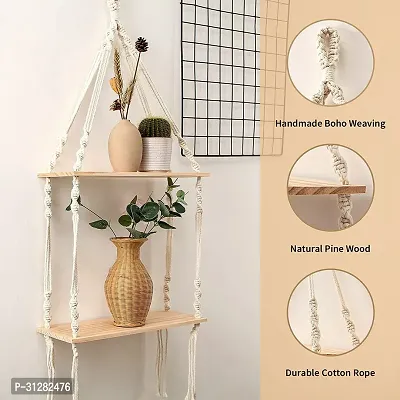 Macrame Wall Hanging Shelf Pine Wood Floating Shelve with Wooden OFF WHITE-thumb3