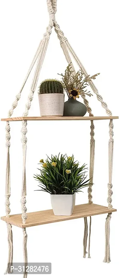 Macrame Wall Hanging Shelf Pine Wood Floating Shelve with Wooden OFF WHITE