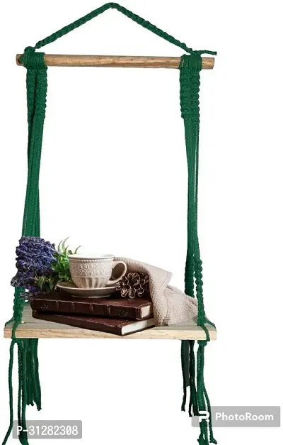 Macrame Indoor Wall Hanging Shelf Chic Decor Wood Floating Shelves Green-thumb0