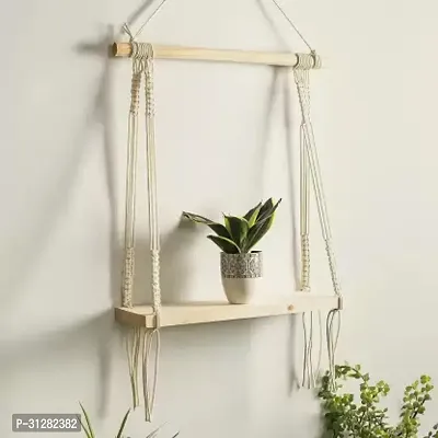 Macrame Indoor Wall Hanging Shelf Chic Decor Wood Floating Shelves Pack of 2 OFF WHITE-thumb3