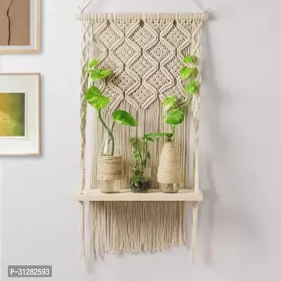 Macrame Indoor Wall Hanging Shelf Chic Decor Wood Floating Shelves OFF WHITE