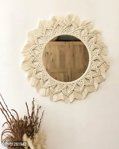 Macrame wall hanging mirror 10 inch X 10 inch White-thumb0