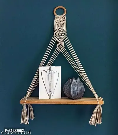 Macrame Wooden Wall Hanging Shelf Modern Chic Woven Macrame Tapestries OFF WHITE-thumb2