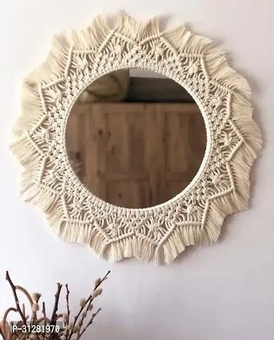 Macrame Wall MirrorHandmade Hanging BedroomLiving Room MADE IN INDIA. 40 cm X 40 cm OFF WHITE-thumb0