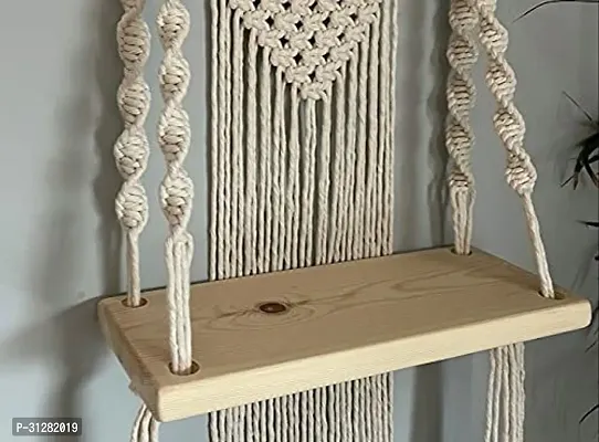 Macrame Handmade Wooden Wall Shelf  Bohemian Wall Shelf for Living Room Bed Room Twisted Pack of 2 White-thumb2