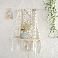 Macrame Wall Hanging Plant Decor Shelf Indoor Outdoor Floating Wood shelve White-thumb2