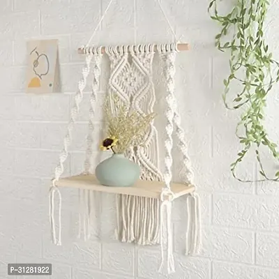 Macrame Wall Hanging Plant Decor Shelf Indoor Outdoor Floating Wood shelve White-thumb3