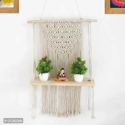 Macrame Wall Hanging Shelf  Style with Floating Wood Wall Shelf for Decor Beige-thumb0