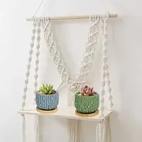 Cotton Macrame Wall Hanging Shelf Wood Finish OFF WHITE-thumb1