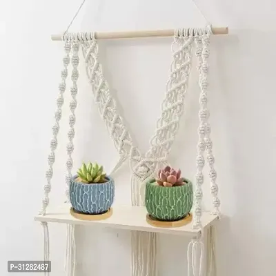 Cotton Macrame Wall Hanging Shelf Wood Finish OFF WHITE-thumb2