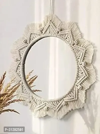 Wall Mirror with Fringes Round Antique Mirror Frame ArtMADE IN INDIA. 40 cm X 40 cm OFF WHITE-thumb2