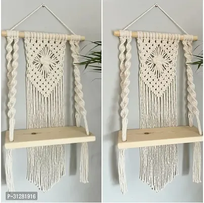 Macrame Handmade Wooden Wall Shelf  Bohemian Wall Shelf for Living Room Bed Room Set of 2  Pack of 2 White-thumb0