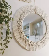 Macrame Wall Mirror with Fringes Round Antique Mirror MADE IN INDIA 40 cm X 40 cm OFF WHITE-thumb2