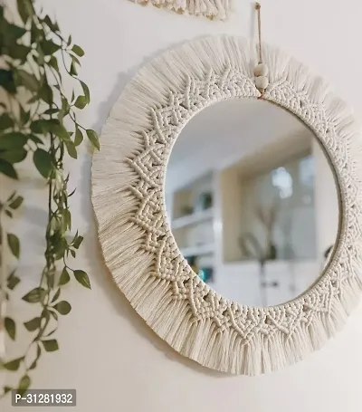 Macrame Wall Mirror with Fringes Round Antique Mirror MADE IN INDIA 40 cm X 40 cm OFF WHITE-thumb3