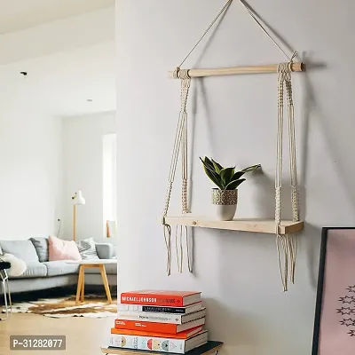 Macrame Wall Hanging Shelf With Wooden Dowel White-thumb2