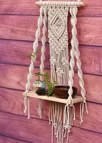 Macrame Indoor Wall Hanging Shelf Chic Decor Wood Floating Shelves OFF WHITE-thumb2