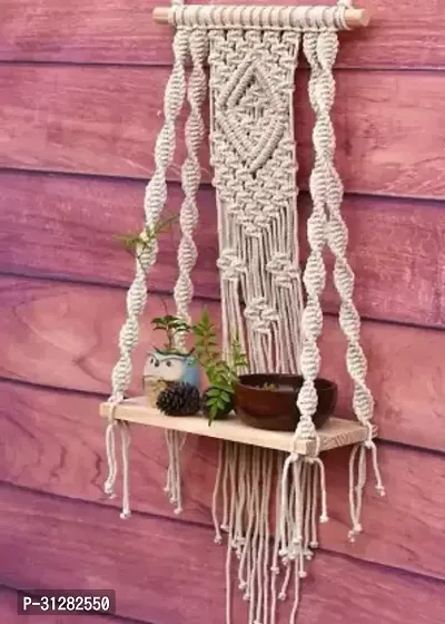 Macrame Indoor Wall Hanging Shelf Chic Decor Wood Floating Shelves OFF WHITE-thumb3