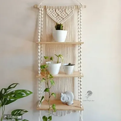 Macrame Wooden Wall Hanging Shelf Modern Chic Woven Macrame Tapestries Wall Art OFF WHITE-thumb0