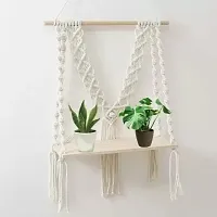 Cotton Macrame Wall Hanging Shelf Wood Finish OFF WHITE-thumb2