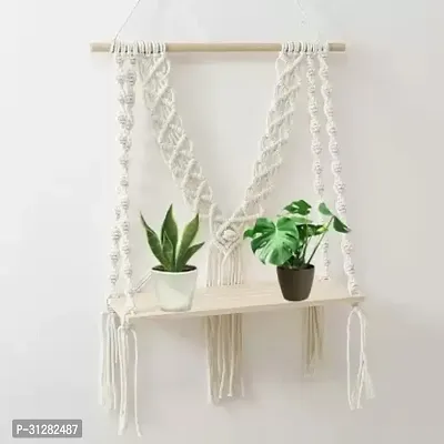 Cotton Macrame Wall Hanging Shelf Wood Finish OFF WHITE-thumb3