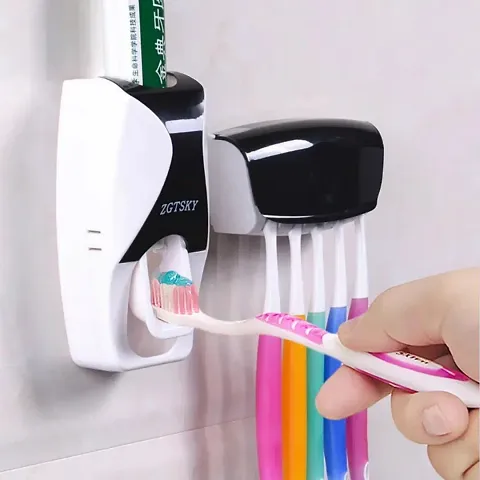 PARABRAHMA Toothbrush Holder with Cover Automatic Toothpaste Dispenser Set Dustproof with 3M Sticky Suction Pad Wall Mounted Kids Hands Toothpaste Squeezer for Washroom (Color May Vary, Plastic)